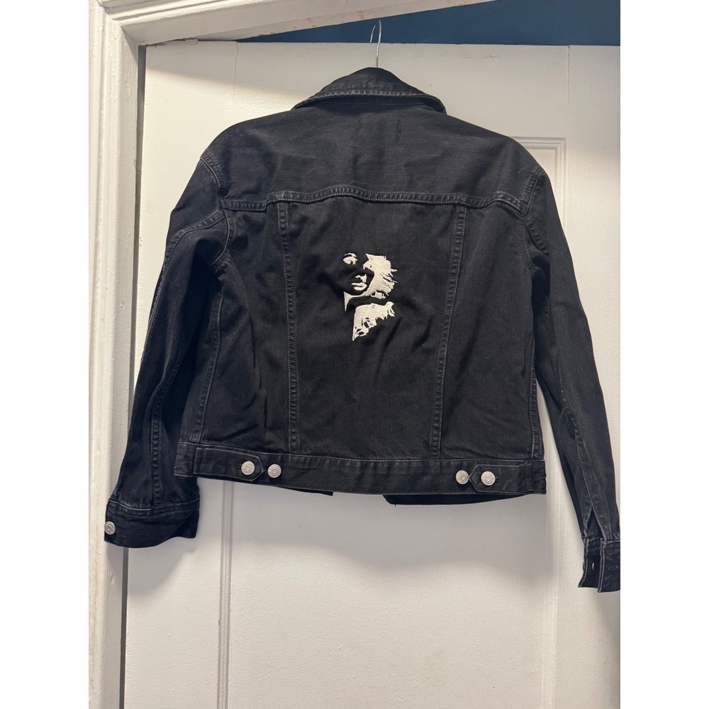 Madewell Boxy Jean Jacket Black Denim Embroidered Face Graphic XS Womens - Picture 3 of 4
